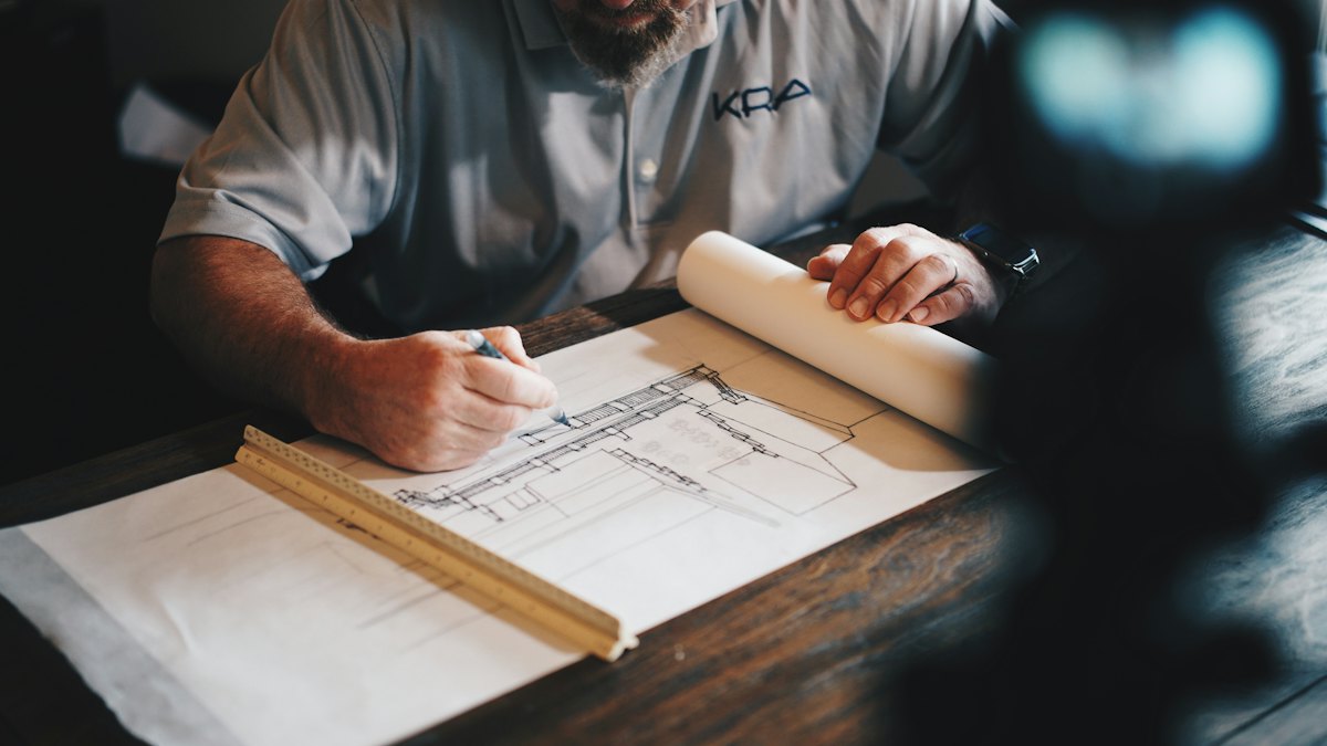 Builder marking up drawings on a workbench